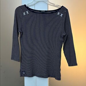 Lauren Ralph Lauren Blue and White Striped 3/4 Sleeve Nautical Top